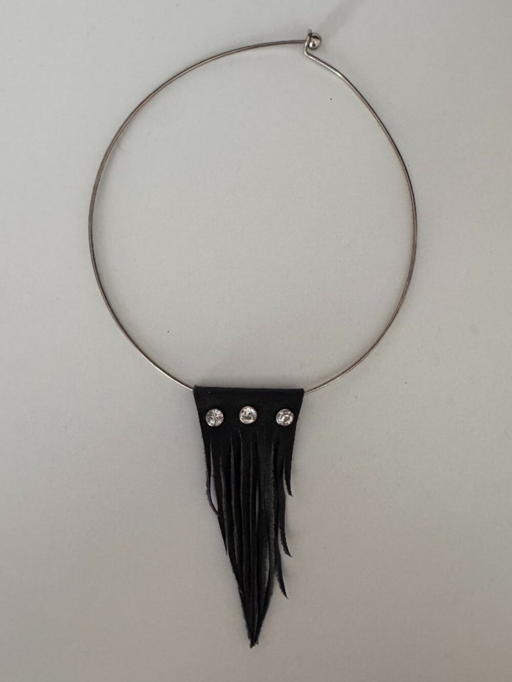 Genuine Leather Fringe Rhinestone Silver Choker Statement Necklace